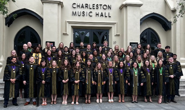 Class of 2024 outside Charleston Music Hall before pharmacy awards and convocation