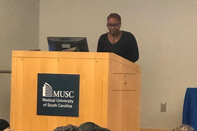 Keturah Mingledolph ’22 speaking at the 2020 Black History Intercollegiate Consortium.