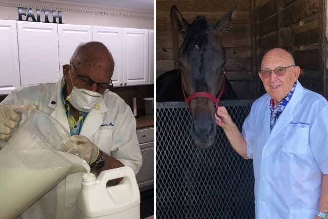 Poochie DeMars preparing a compound and standing with a horse